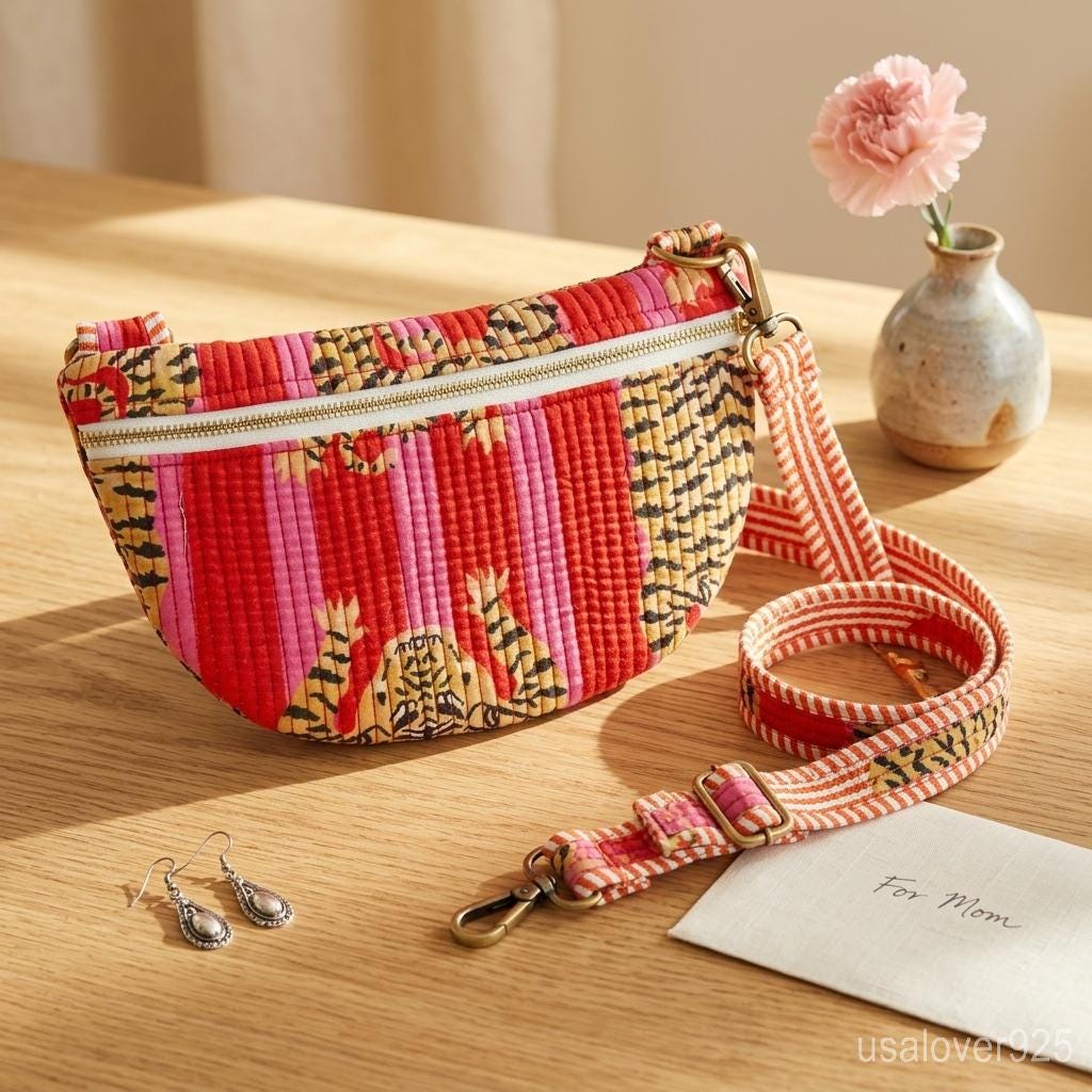 Quilted Cotton Crossbody Sling Bag – Pink Tiger Print Crescent Shoulder Bag