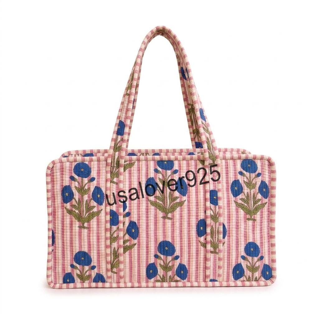 Quilted Cotton Mahjong Bag – Pink Striped Blue Floral Mahjong Tile Storage Travel Tote