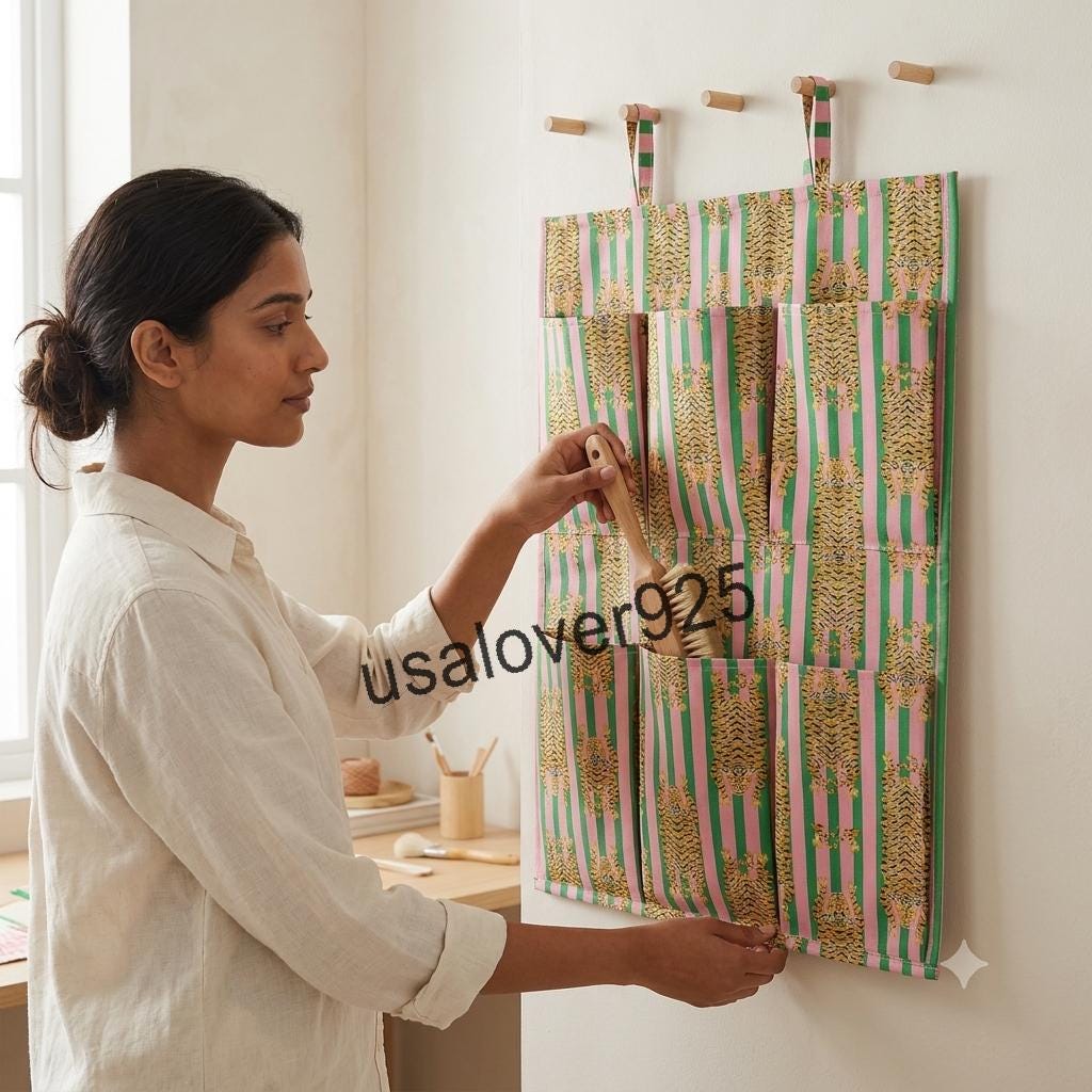 Handmade Cotton Wall Hanging Organizer – Pink Green Tiger Stripe Multi Pocket Storage Caddy