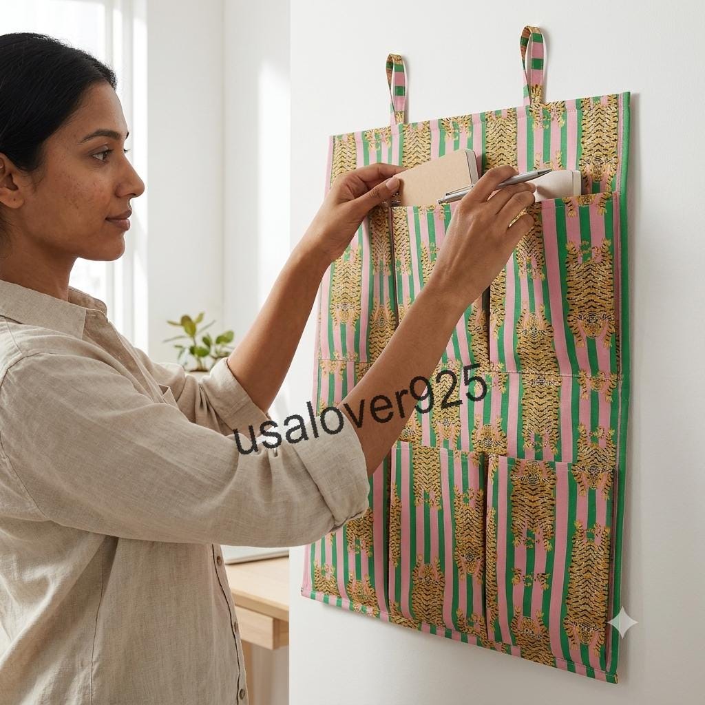 Handmade Cotton Wall Hanging Organizer – Pink Green Tiger Stripe Multi Pocket Storage Caddy