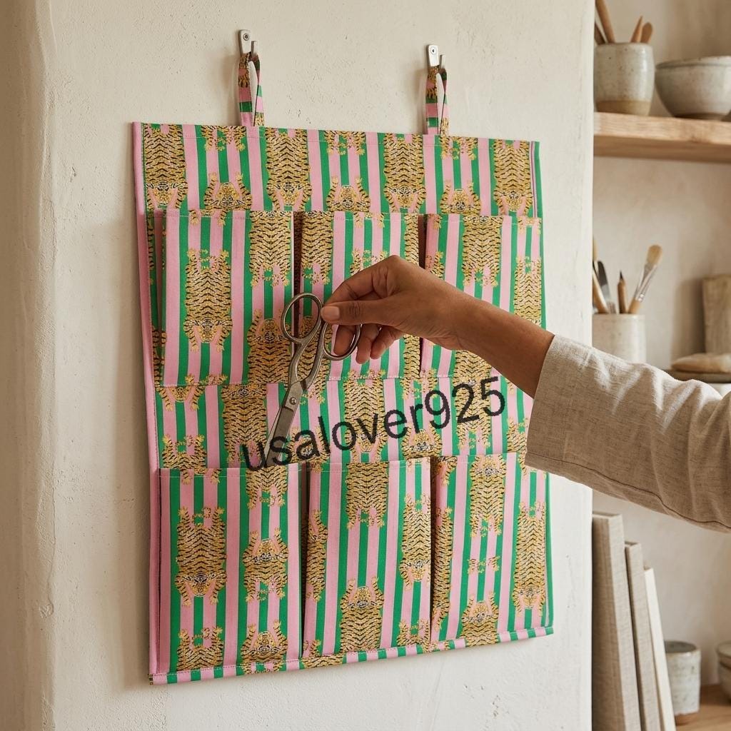 Handmade Cotton Wall Hanging Organizer – Pink Green Tiger Stripe Multi Pocket Storage Caddy