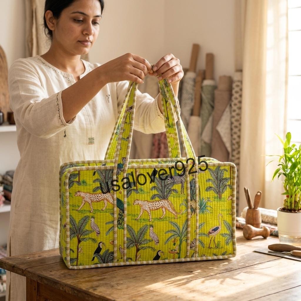 Mahjong Tile Bag, Quilted Lime Green Jungle Animal Print Carrier, Handmade Cotton Travel Tote