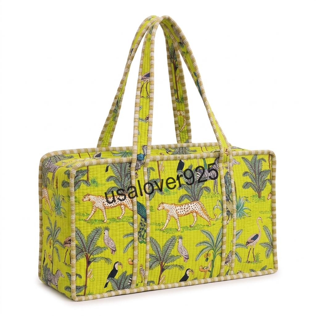 Mahjong Tile Bag, Quilted Lime Green Jungle Animal Print Carrier, Handmade Cotton Travel Tote