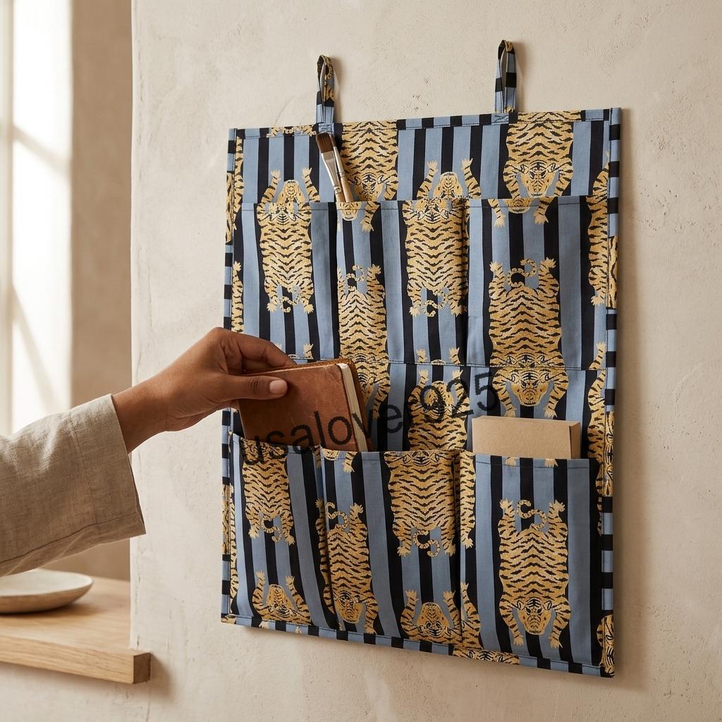 Quilted Wall Hanging Pocket Organizer, Tiger Stripe Animal Print Cotton Storage Hanger, Door Organizer