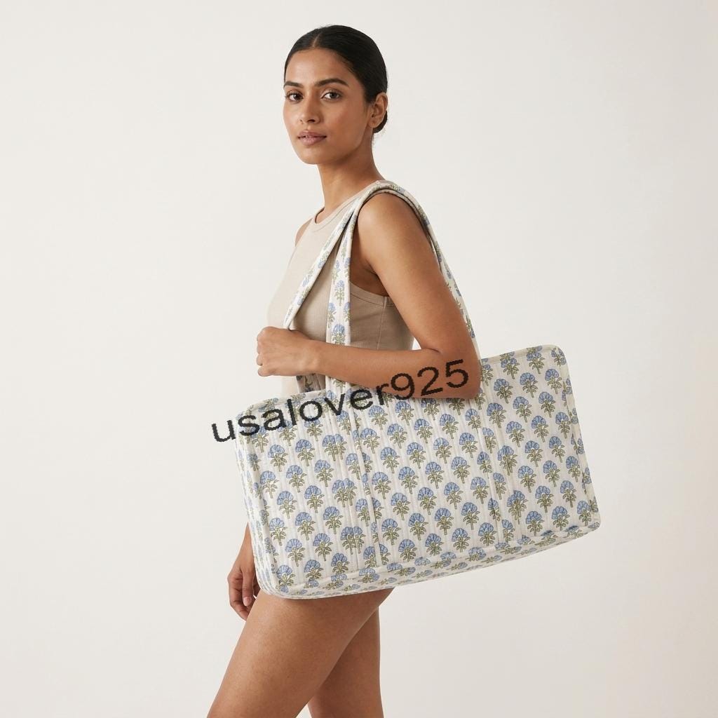 Quilted Cotton Mahjong Tile Bag: Blue Floral Block Print Travel Tote