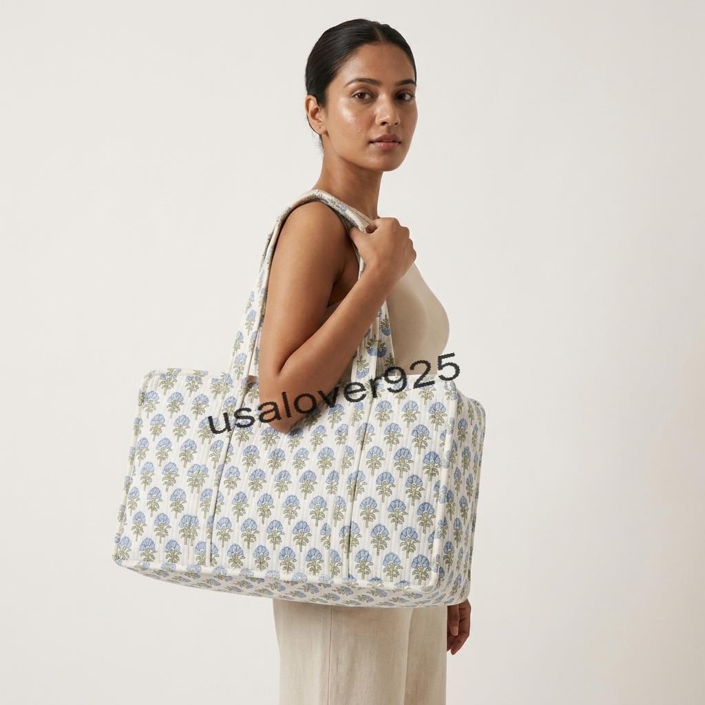 Quilted Cotton Mahjong Tile Bag: Blue Floral Block Print Travel Tote