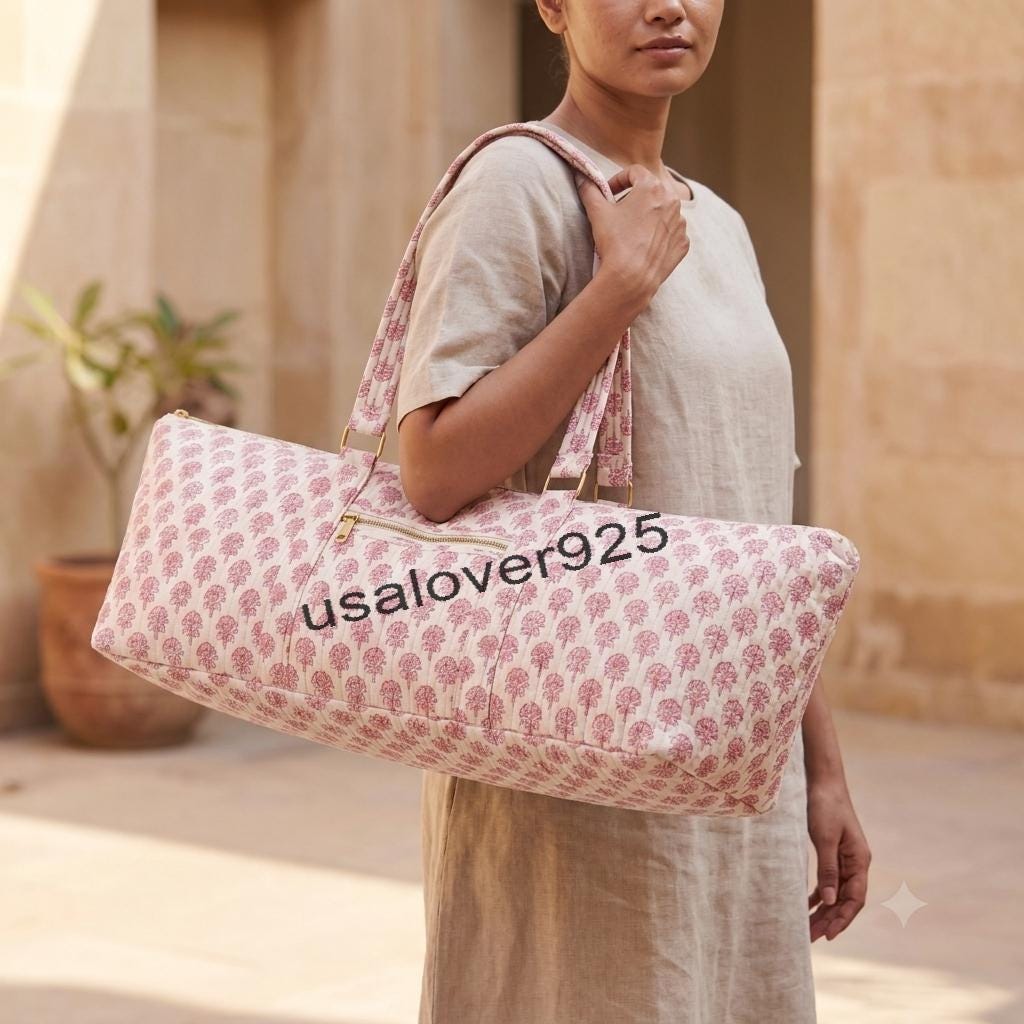 Hand Block Print Quilted Cotton Duffel Bag: Boho Yoga Mat Travel Tote