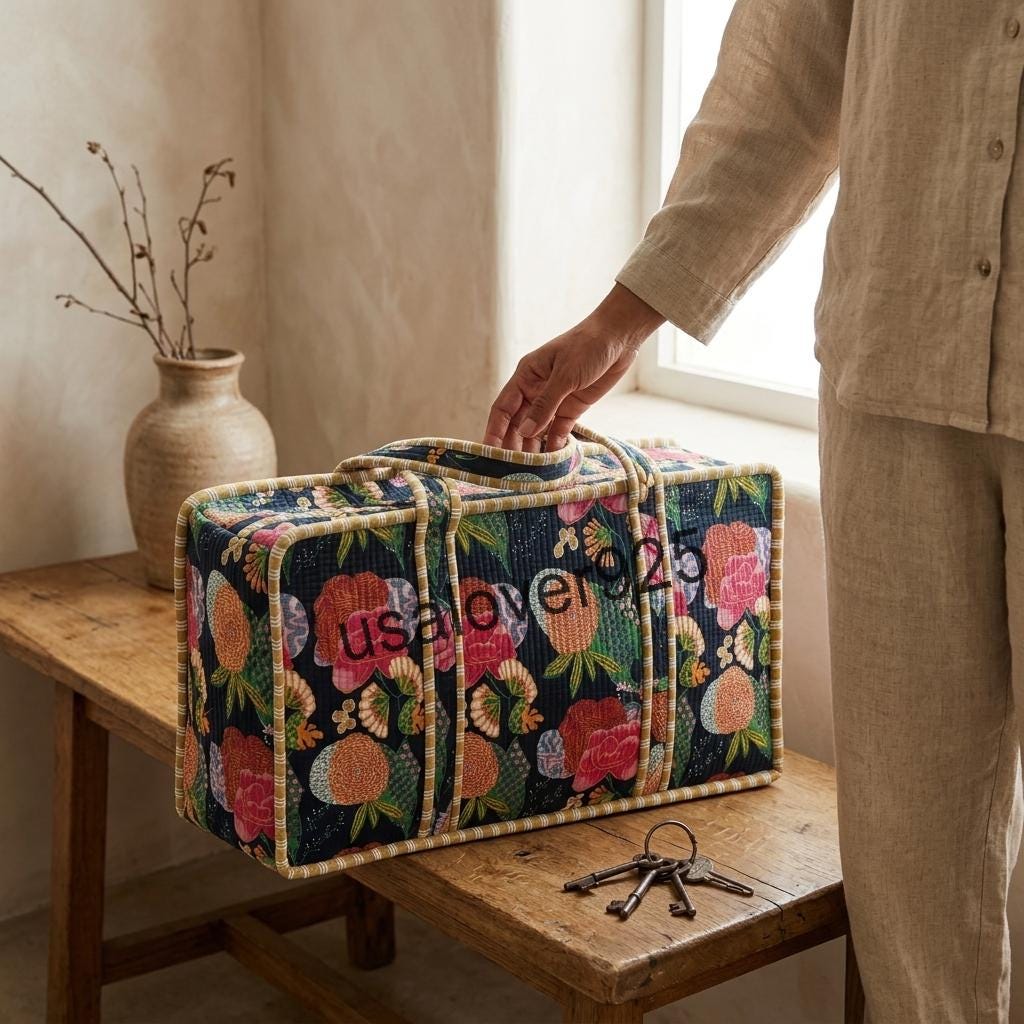 Handmade Quilted Cotton Mahjong Tile Bag: Floral Block Print Travel Tote