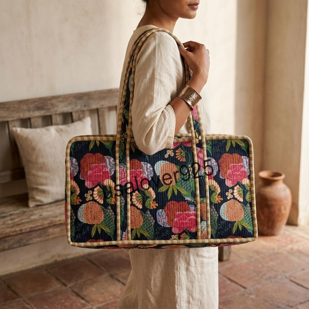 Handmade Quilted Cotton Mahjong Tile Bag: Floral Block Print Travel Tote
