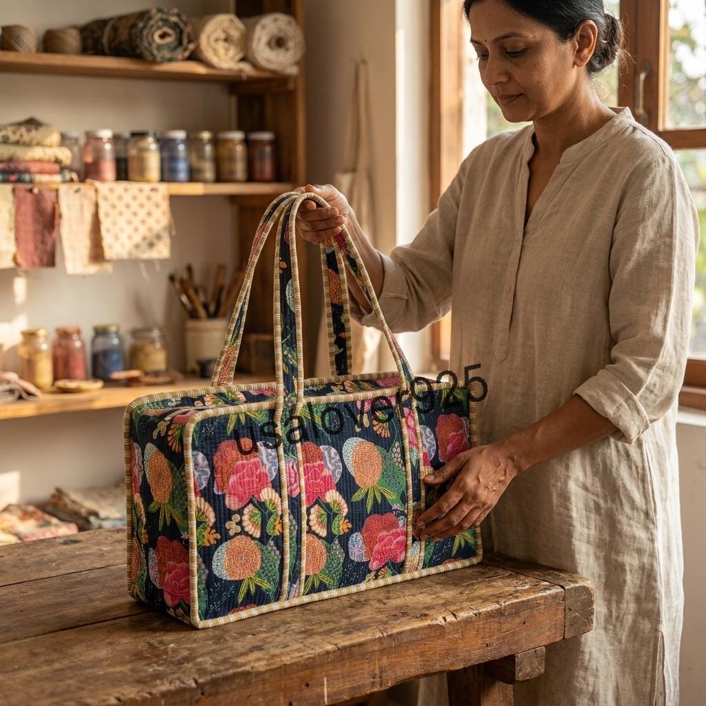 Handmade Quilted Cotton Mahjong Tile Bag: Floral Block Print Travel Tote