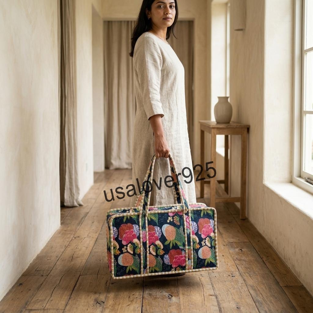 Handmade Quilted Cotton Mahjong Tile Bag: Floral Block Print Travel Tote