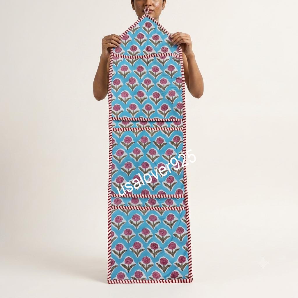 Handmade Cotton Floral Hanging Wall Organizer: 3-Tier Pocket Door Storage