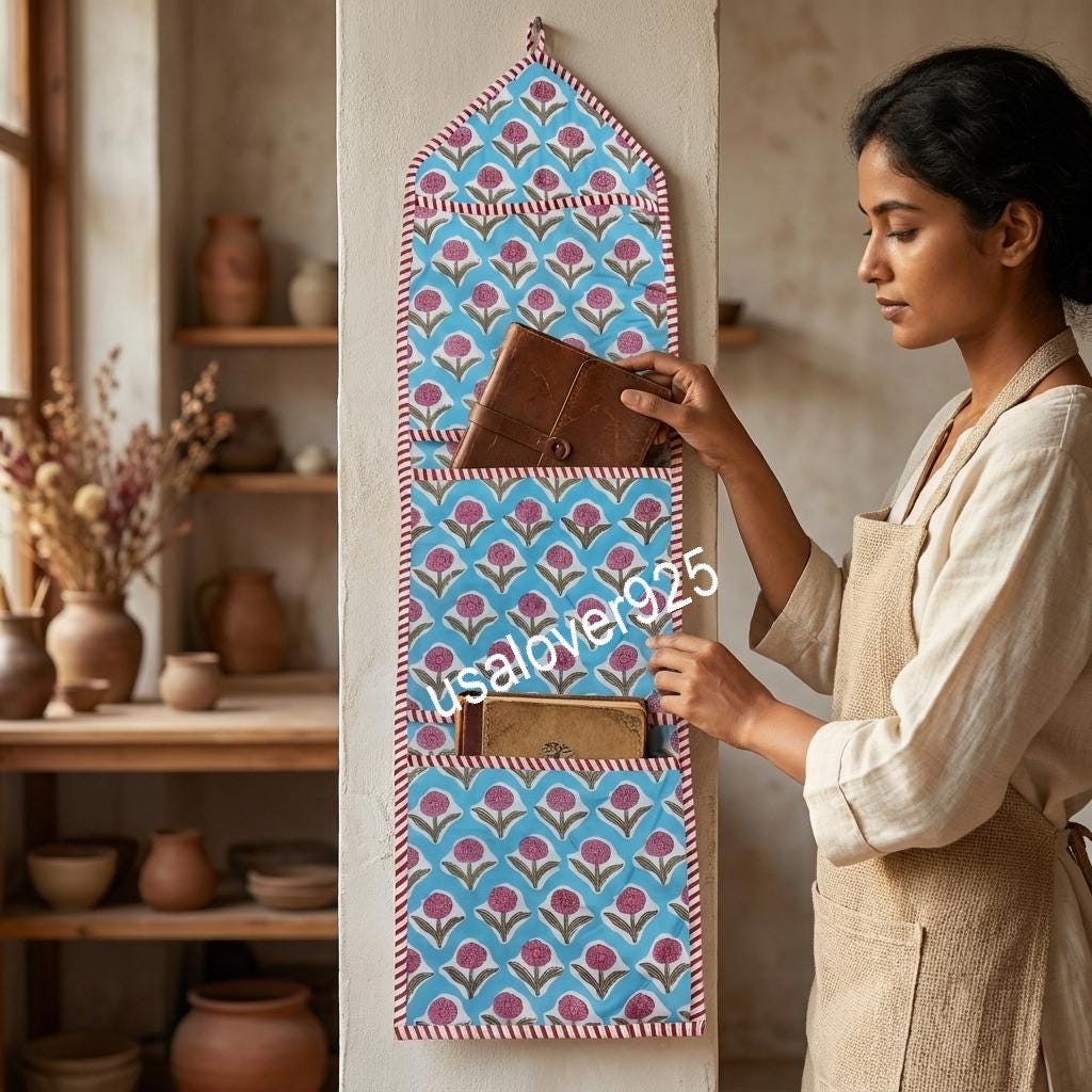 Handmade Cotton Floral Hanging Wall Organizer: 3-Tier Pocket Door Storage