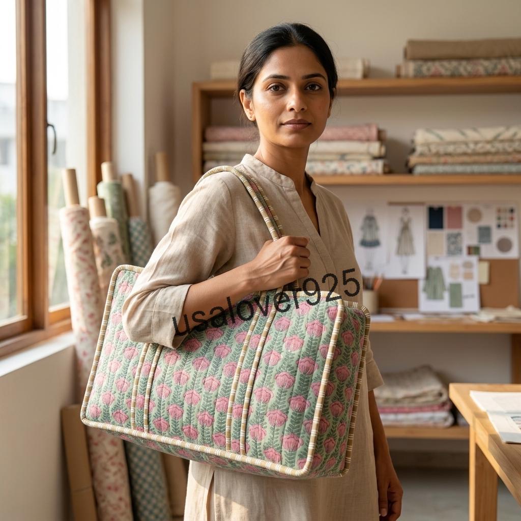 Hand Block Print Quilted Cotton Mahjong Tile Bag – Floral Travel Tote