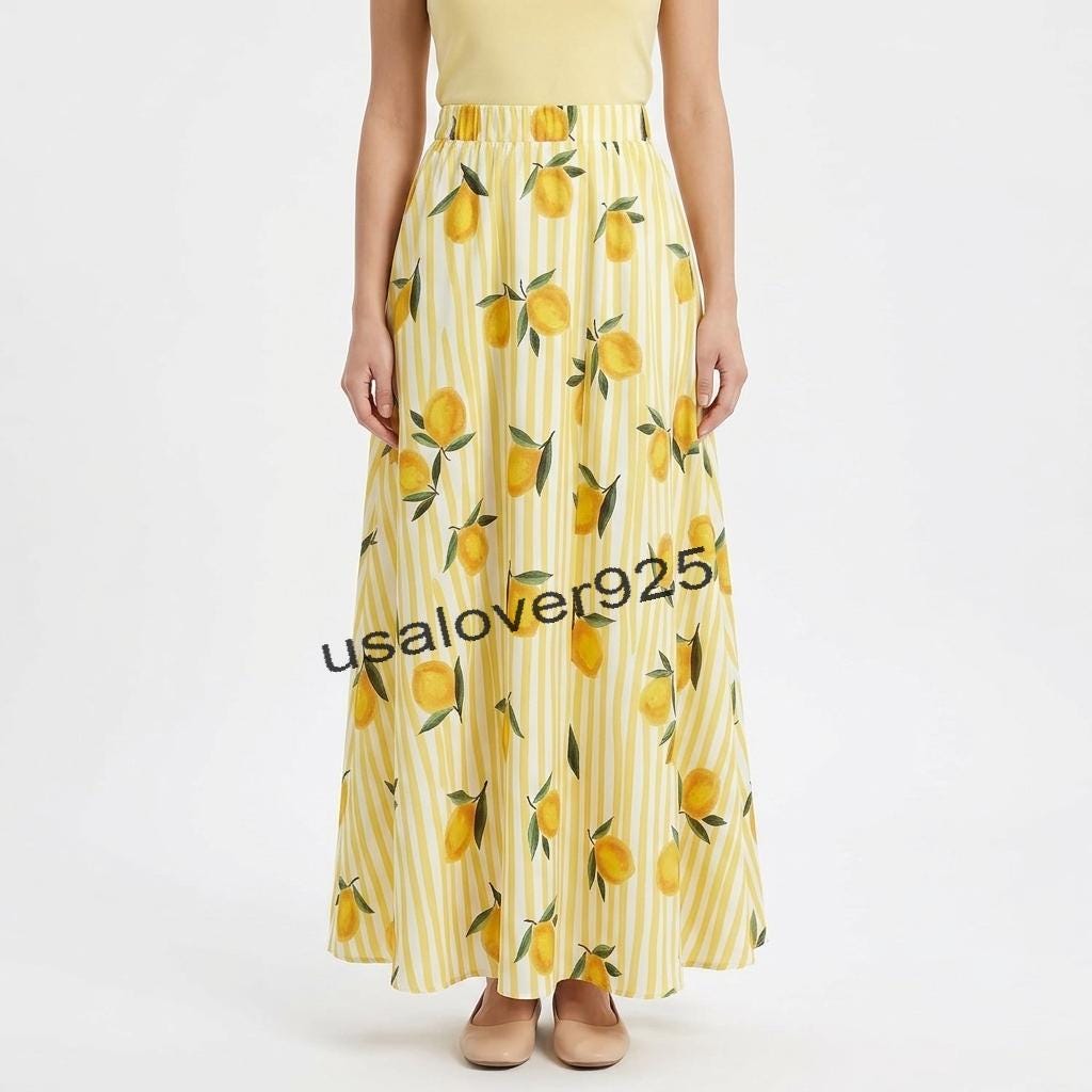 Handmade Cotton Maxi Skirt – Yellow Lemon Print Striped Boho Summer Beach Skirt