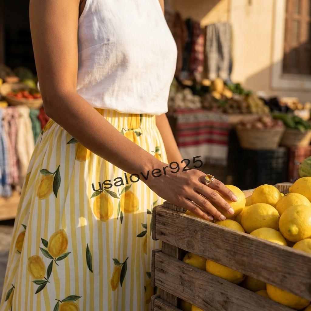 Handmade Cotton Maxi Skirt – Yellow Lemon Print Striped Boho Summer Beach Skirt