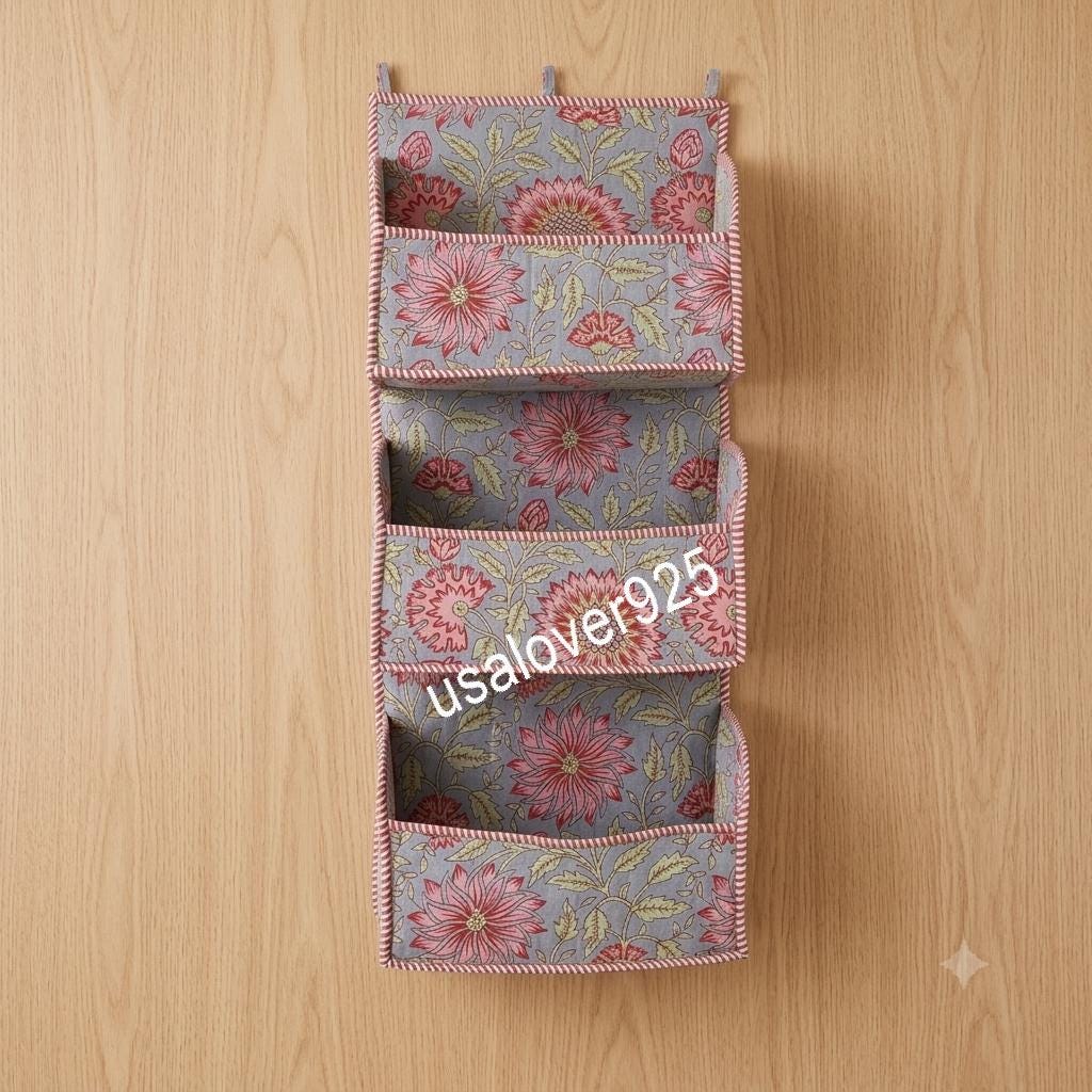 Hand Block Print Cotton Hanging Wall Organizer: Grey Pink Floral 3-Tier Door Pocket Storage