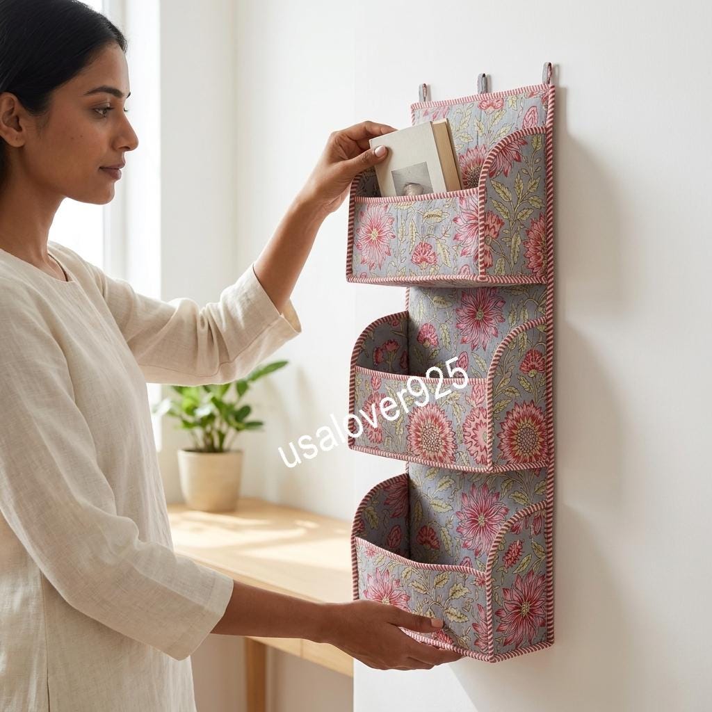 Hand Block Print Cotton Hanging Wall Organizer: Grey Pink Floral 3-Tier Door Pocket Storage