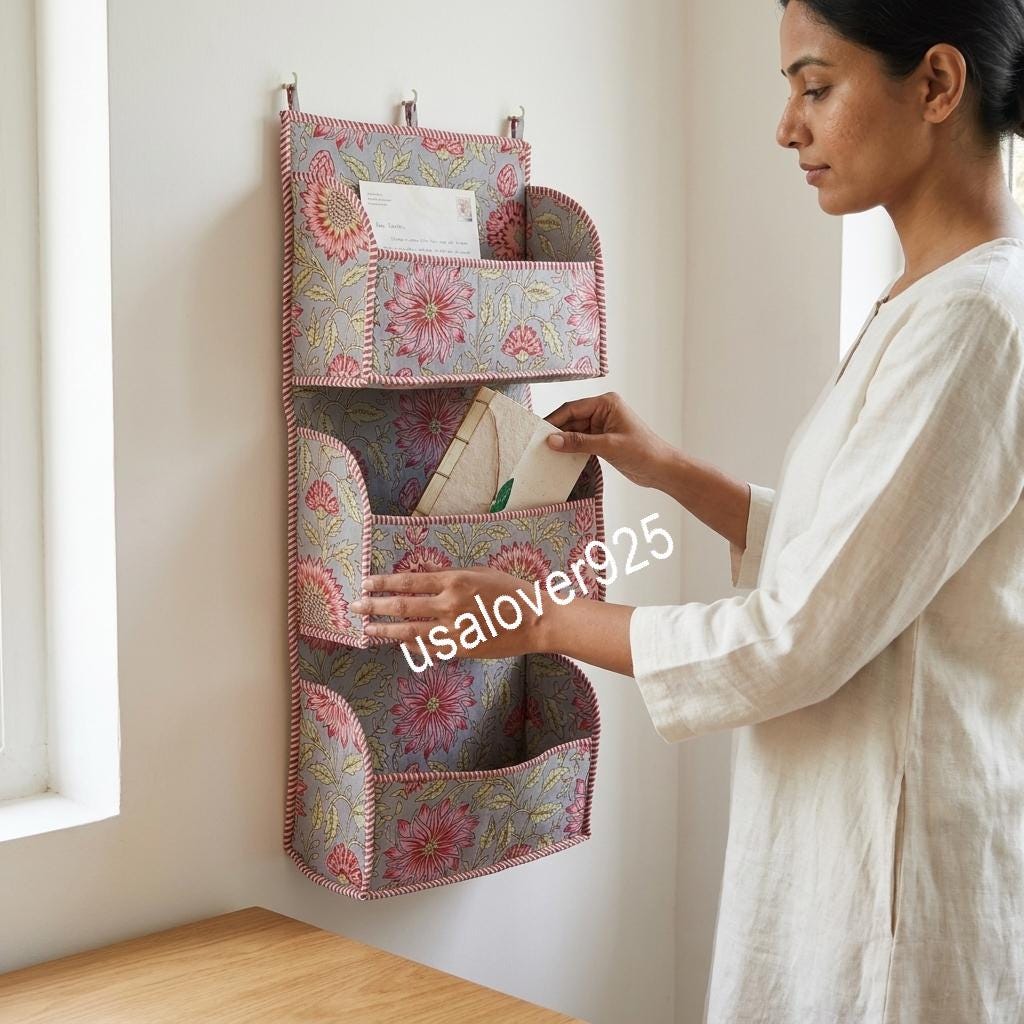 Hand Block Print Cotton Hanging Wall Organizer: Grey Pink Floral 3-Tier Door Pocket Storage