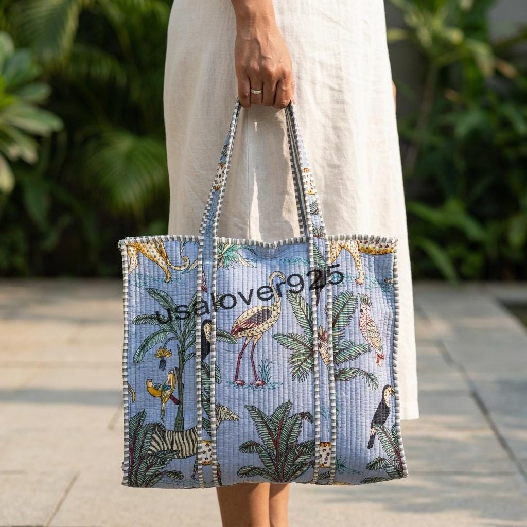 Handmade Quilted Cotton Tote Bag: Blue Safari Animal Print Shoulder Beach Travel Grocery Tote