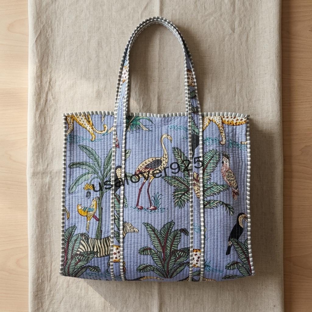 Handmade Quilted Cotton Tote Bag: Blue Safari Animal Print Shoulder Beach Travel Grocery Tote