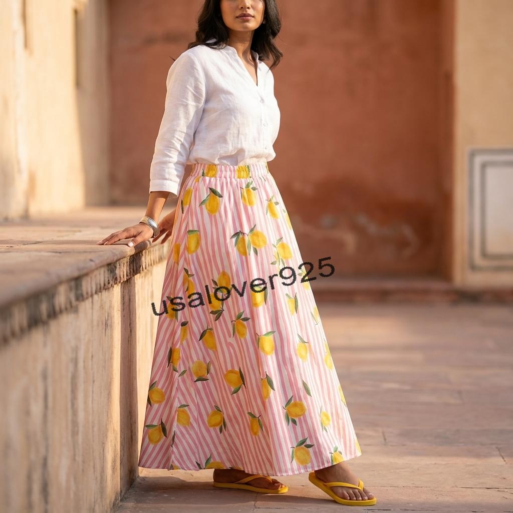 Handmade Cotton Maxi Skirt – Pink Lemon Print Striped Boho Summer Beach Skirt