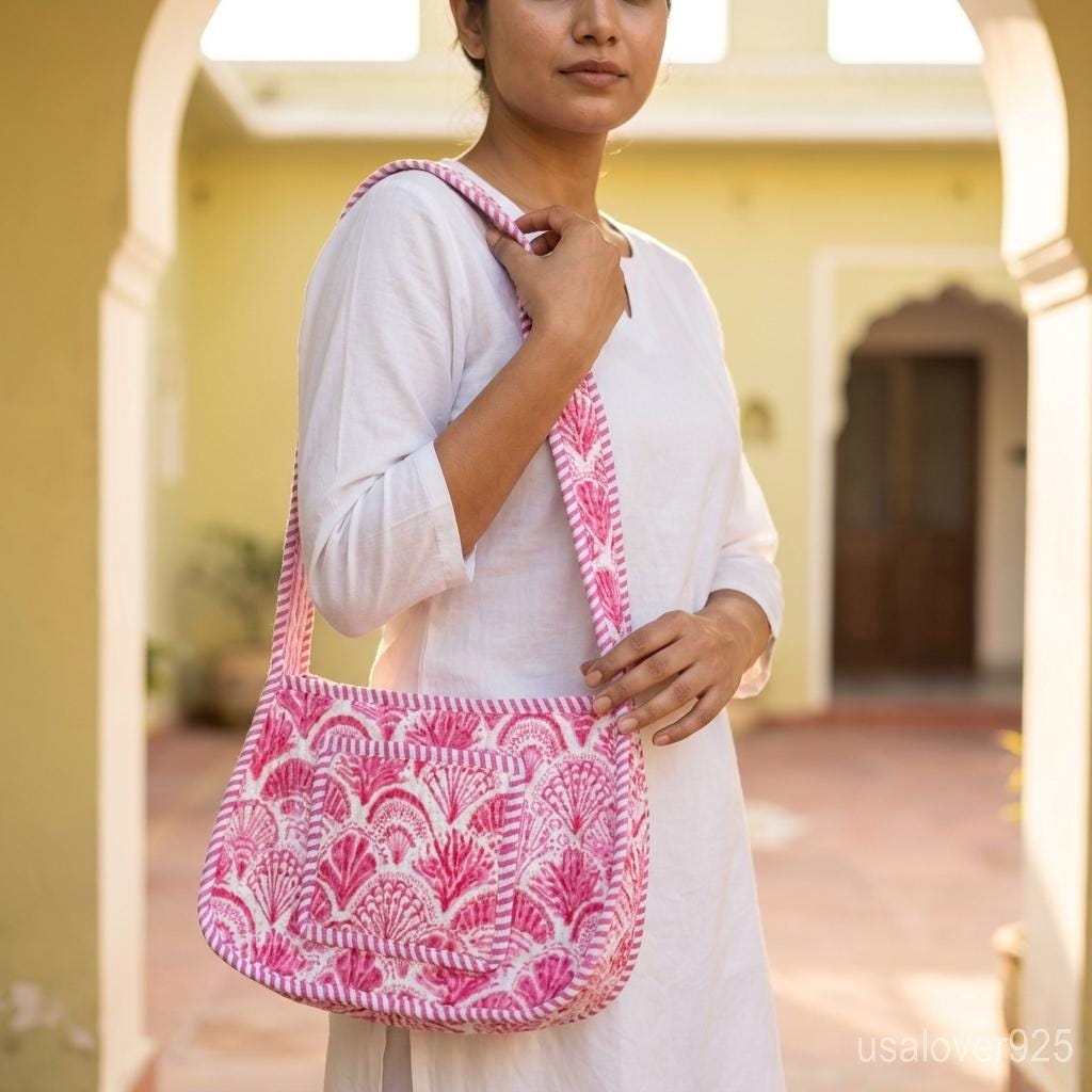 Quilted Cotton Shoulder Bag – Pink Shell Block Print Crossbody Purse