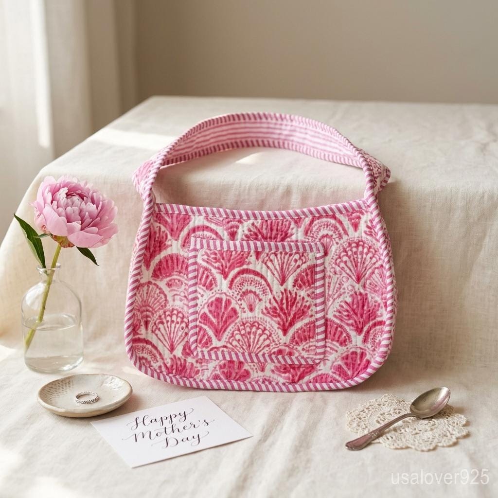 Quilted Cotton Shoulder Bag – Pink Shell Block Print Crossbody Purse