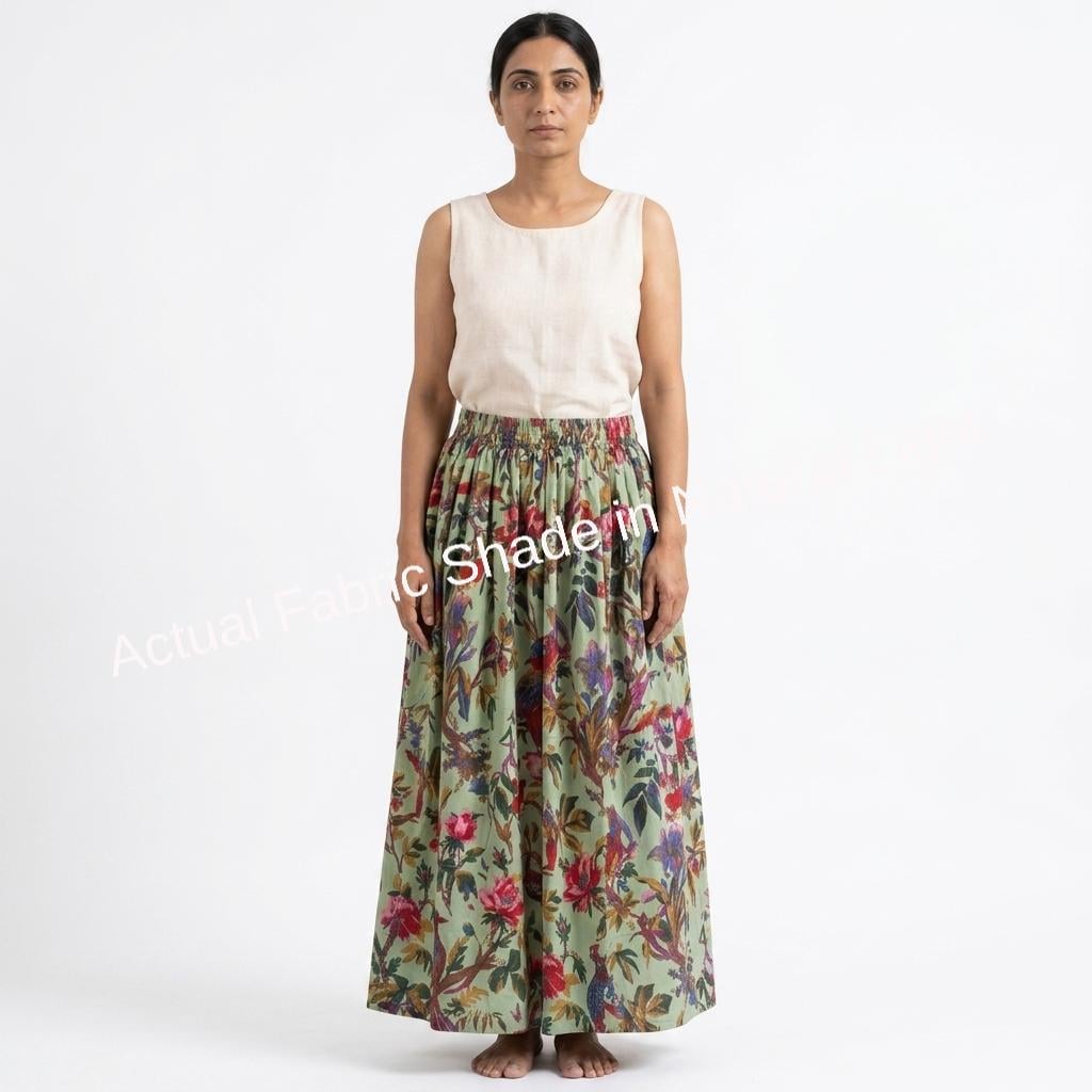Green Bird Floral Cotton Midi Skirt – Women's Elastic Waist Drawstring Boho Summer Gift