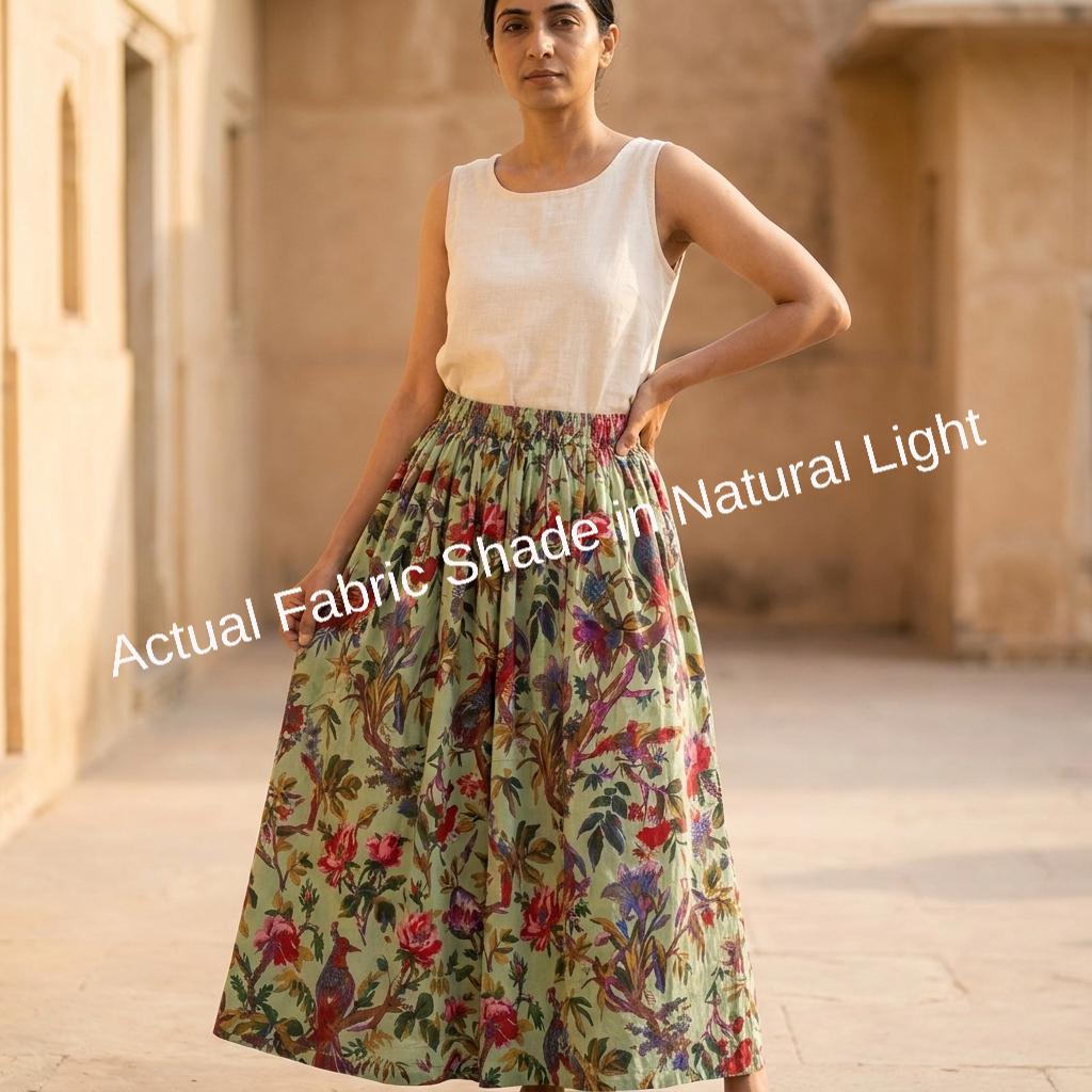 Green Bird Floral Cotton Midi Skirt – Women's Elastic Waist Drawstring Boho Summer Gift