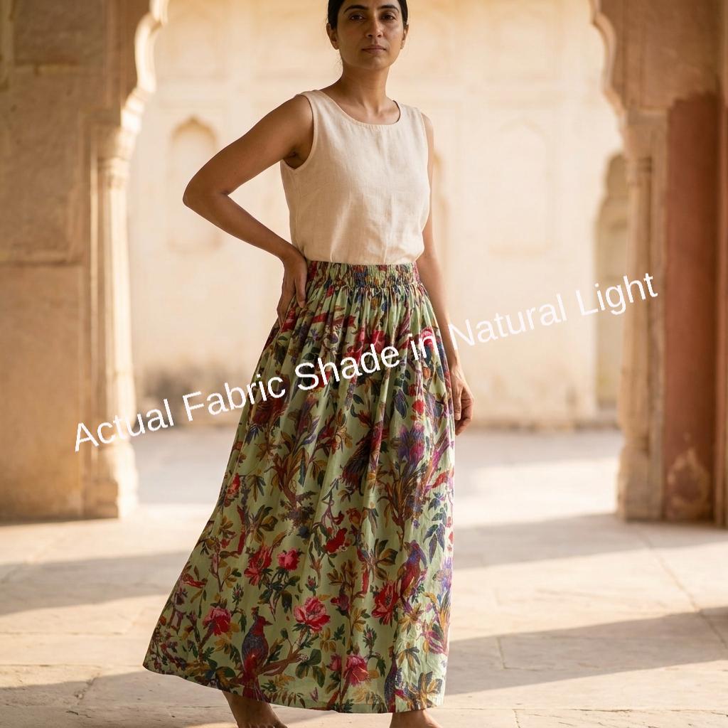 Green Bird Floral Cotton Midi Skirt – Women's Elastic Waist Drawstring Boho Summer Gift