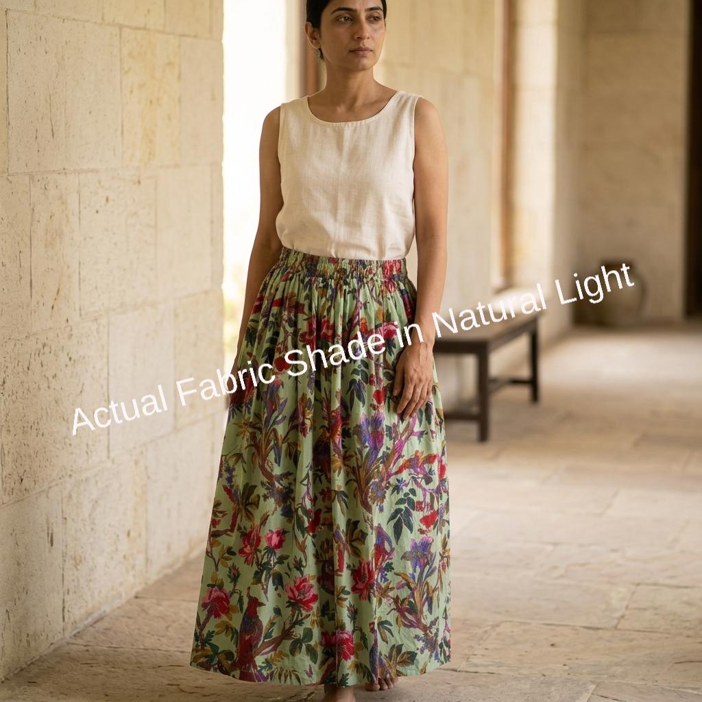 Green Bird Floral Cotton Midi Skirt – Women's Elastic Waist Drawstring Boho Summer Gift