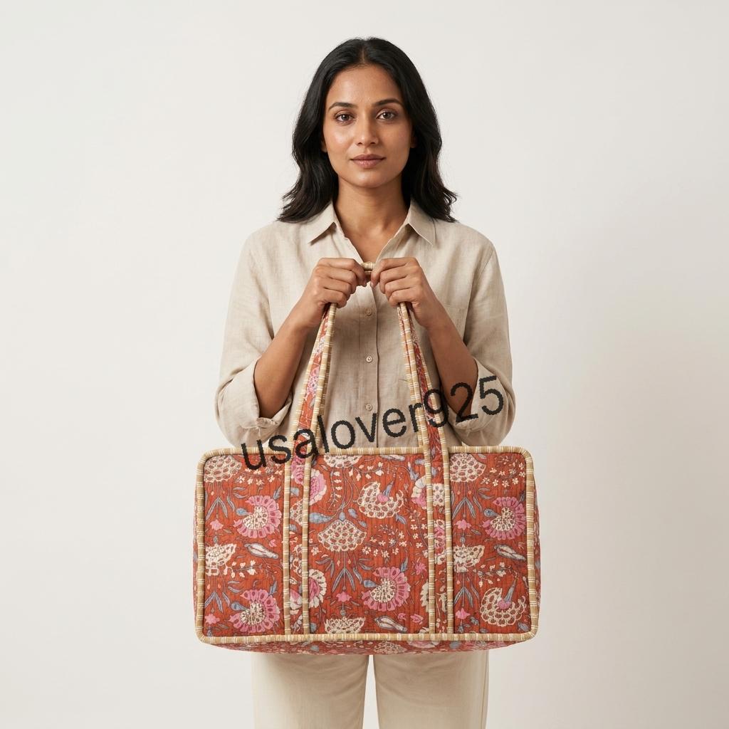 Handmade Quilted Cotton Mahjong Bag – Rust Red Floral Game Tile Storage Travel Tote
