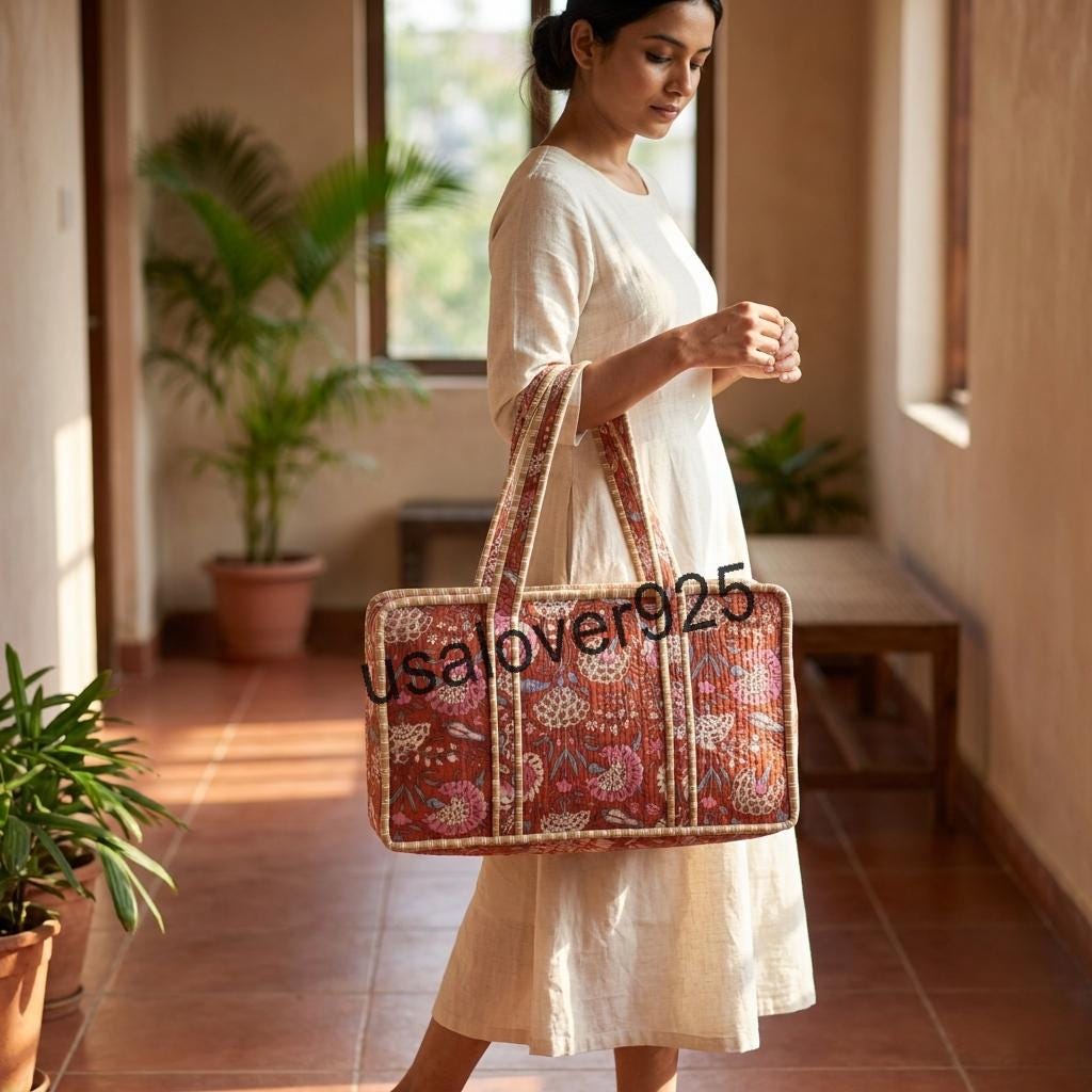 Handmade Quilted Cotton Mahjong Bag – Rust Red Floral Game Tile Storage Travel Tote