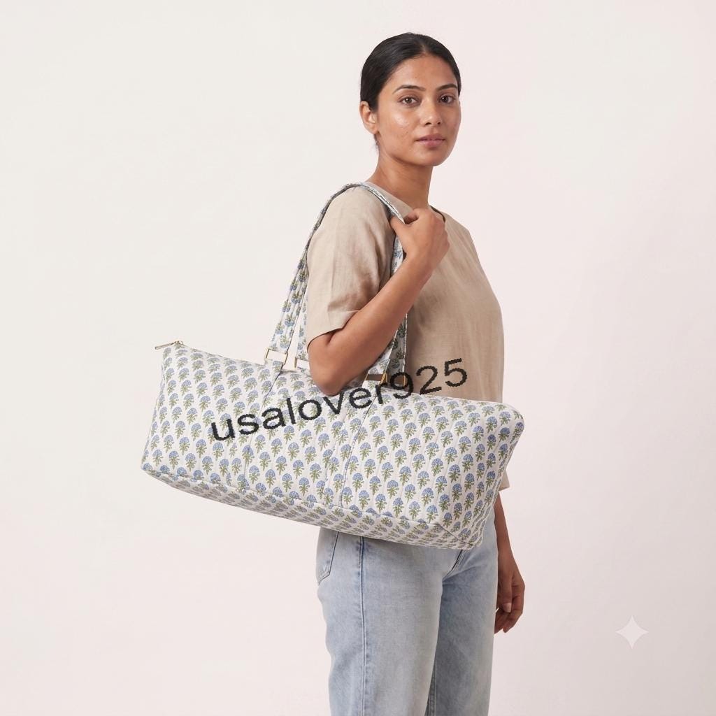 Quilted Cotton Duffle Bag – Blue Floral Print Yoga Mat Carrier Mahjong Game Travel Tote