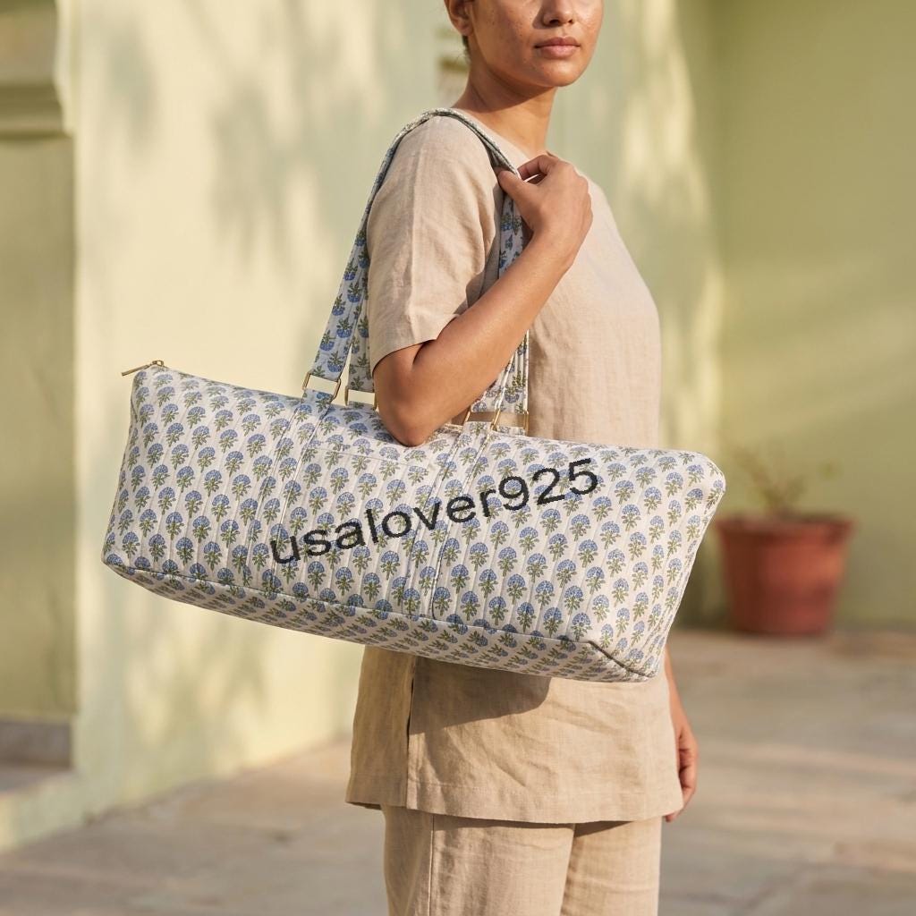 Quilted Cotton Duffle Bag – Blue Floral Print Yoga Mat Carrier Mahjong Game Travel Tote