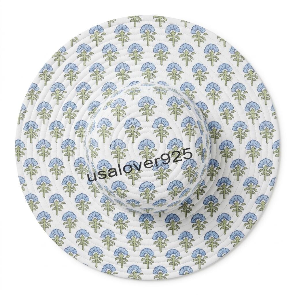 Quilted Cotton Wide Brim Sun Hat – White Blue Floral Block Print Beach Hat