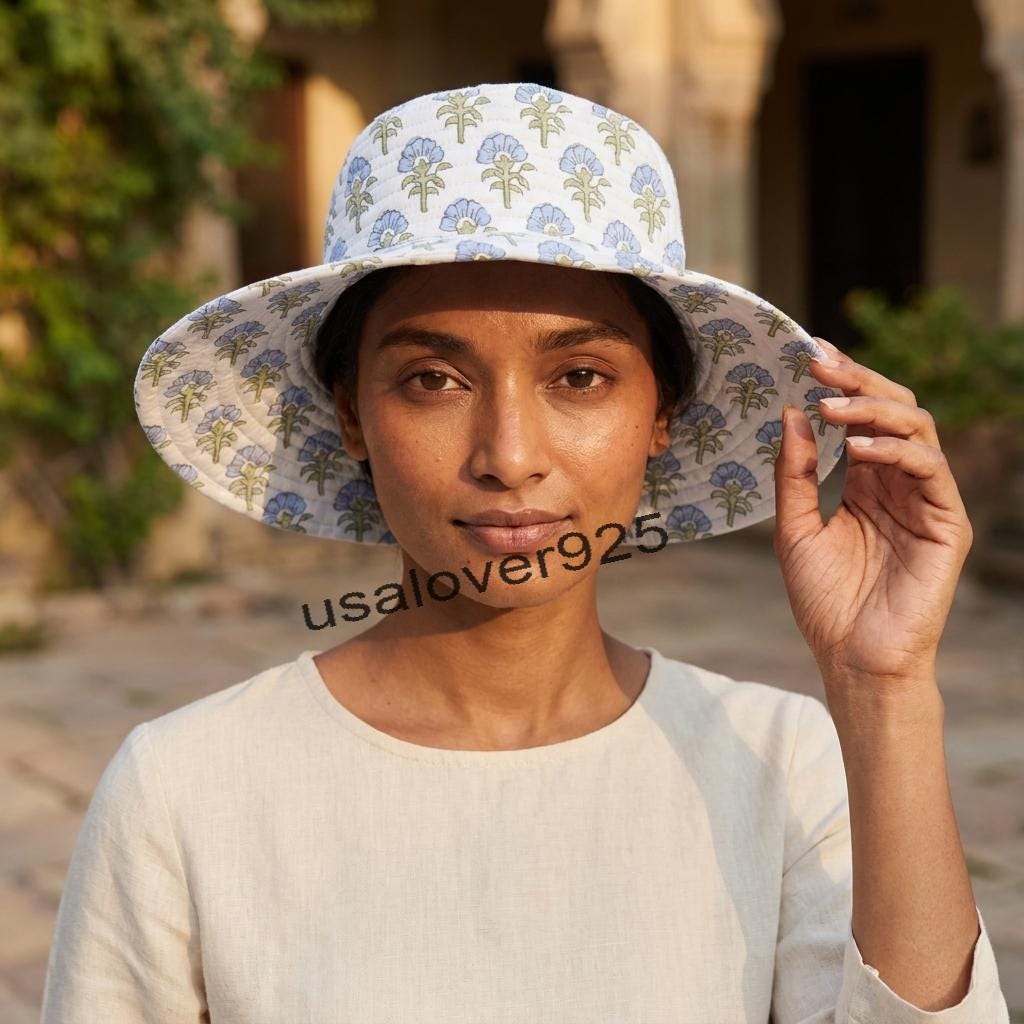 Quilted Cotton Wide Brim Sun Hat – White Blue Floral Block Print Beach Hat
