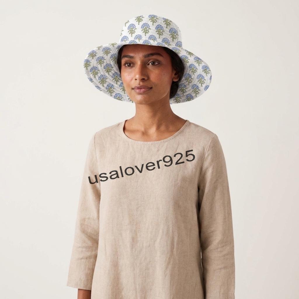 Quilted Cotton Wide Brim Sun Hat – White Blue Floral Block Print Beach Hat