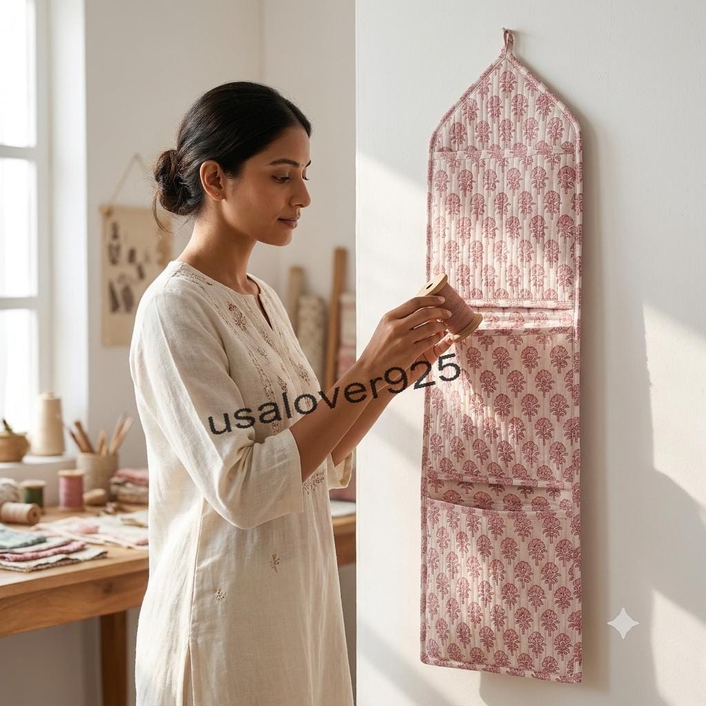Quilted Cotton Wall Hanging Organizer – Blush Pink Floral 3 Pocket Storage Caddy