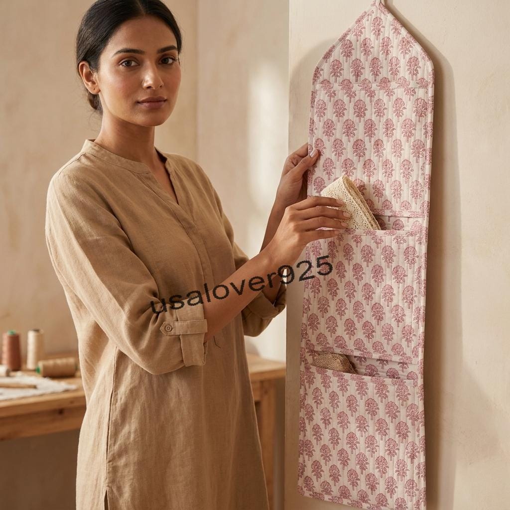 Quilted Cotton Wall Hanging Organizer – Blush Pink Floral 3 Pocket Storage Caddy