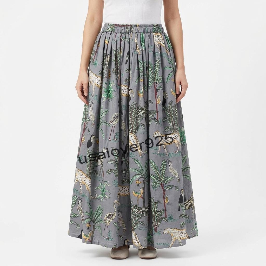 Handmade Block Print Cotton Maxi Skirt – Grey Safari Animal Tiered Boho Summer Style