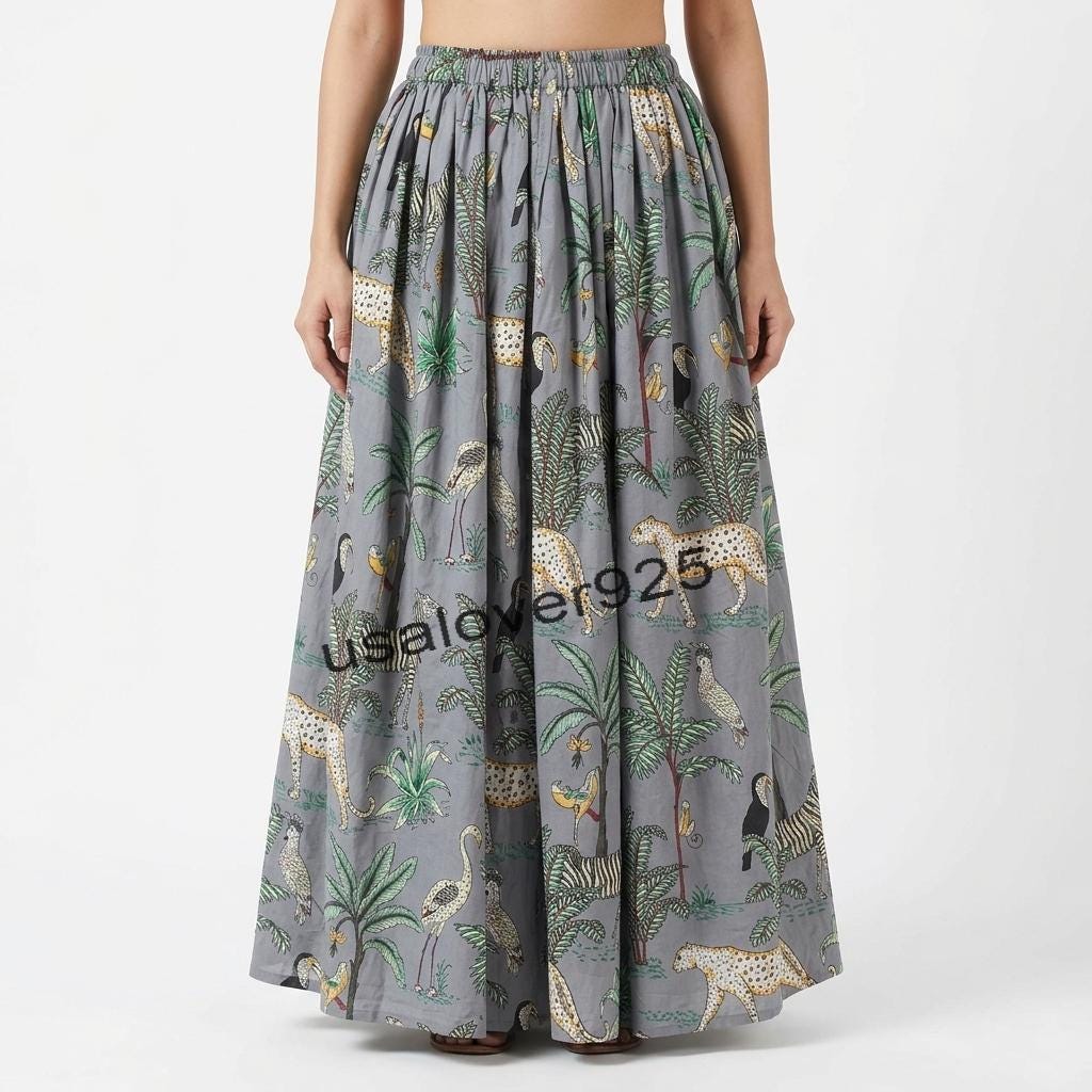 Handmade Block Print Cotton Maxi Skirt – Grey Safari Animal Tiered Boho Summer Style