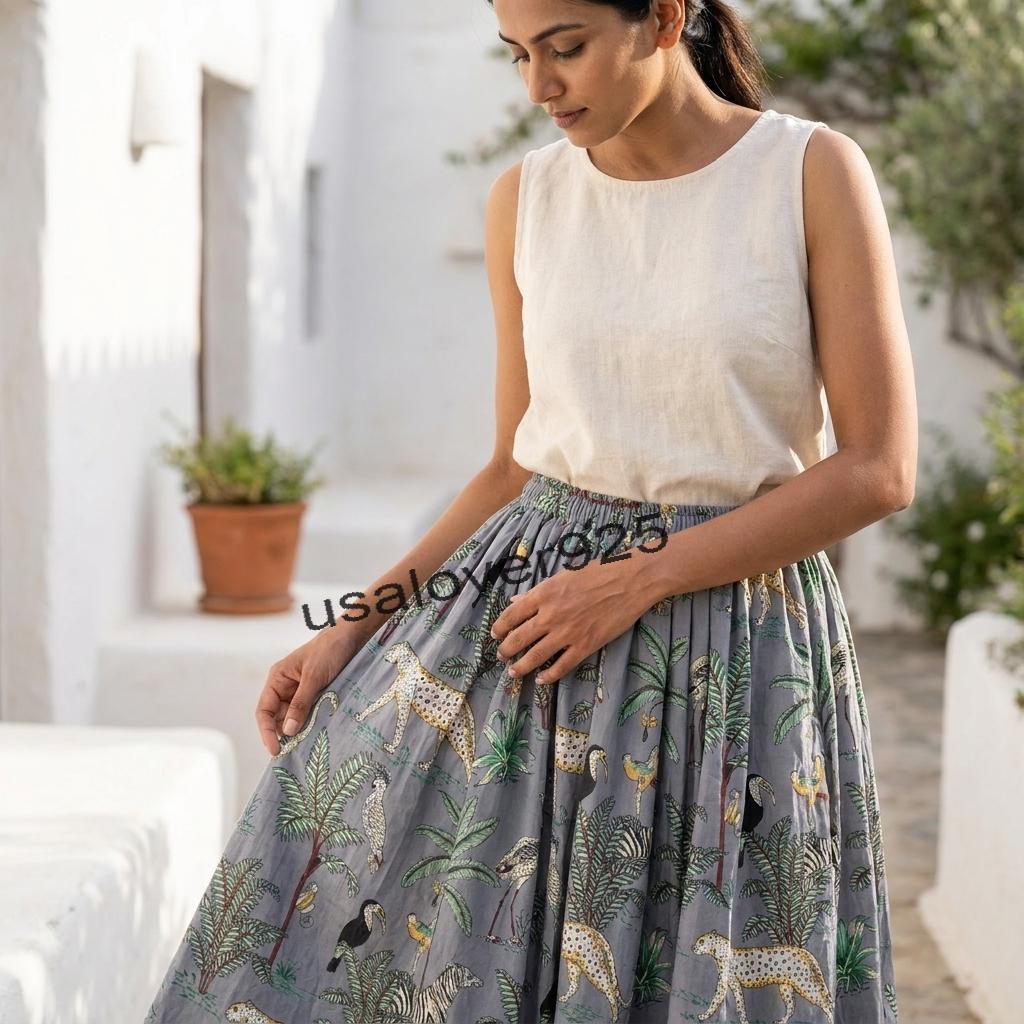 Handmade Block Print Cotton Maxi Skirt – Grey Safari Animal Tiered Boho Summer Style