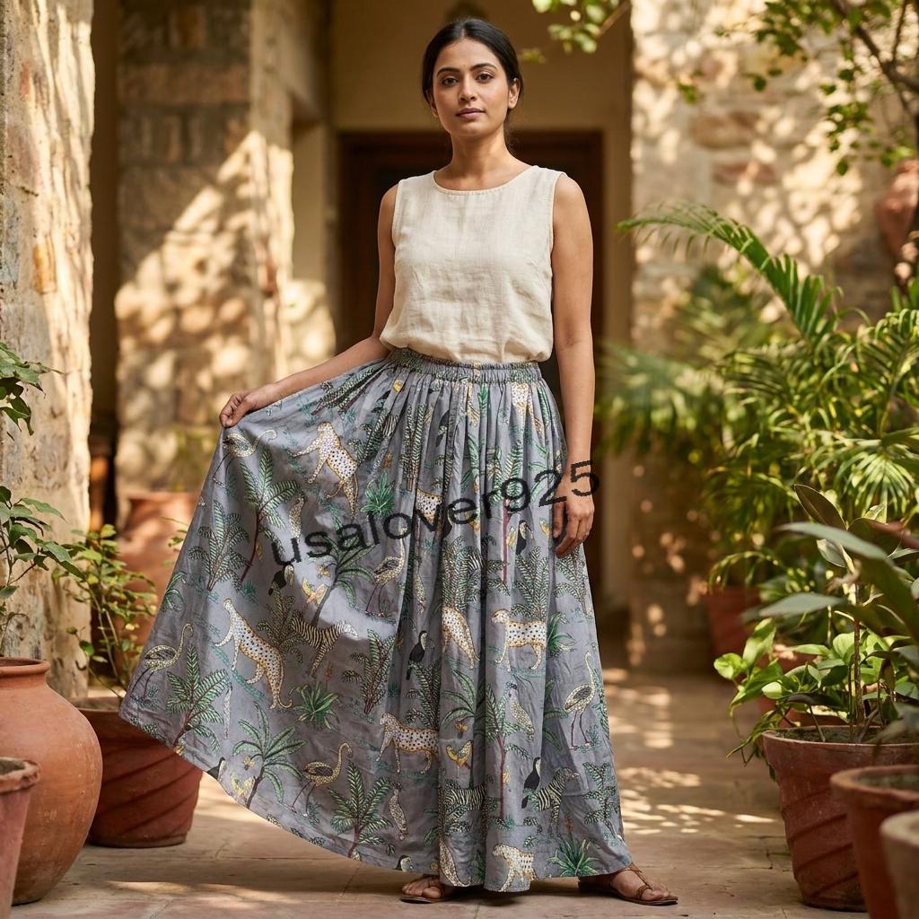 Handmade Block Print Cotton Maxi Skirt – Grey Safari Animal Tiered Boho Summer Style