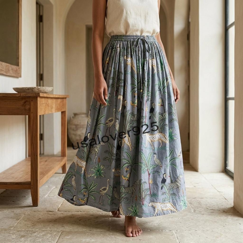 Handmade Block Print Cotton Maxi Skirt – Grey Safari Animal Tiered Boho Summer Style