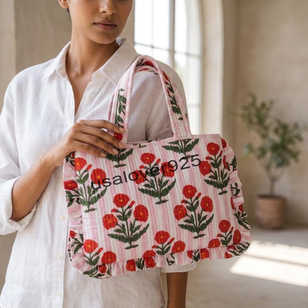 Handblock Printed Cotton Tote Bag – Pink White Stripe Red Floral Ruffle Shoulder Bag