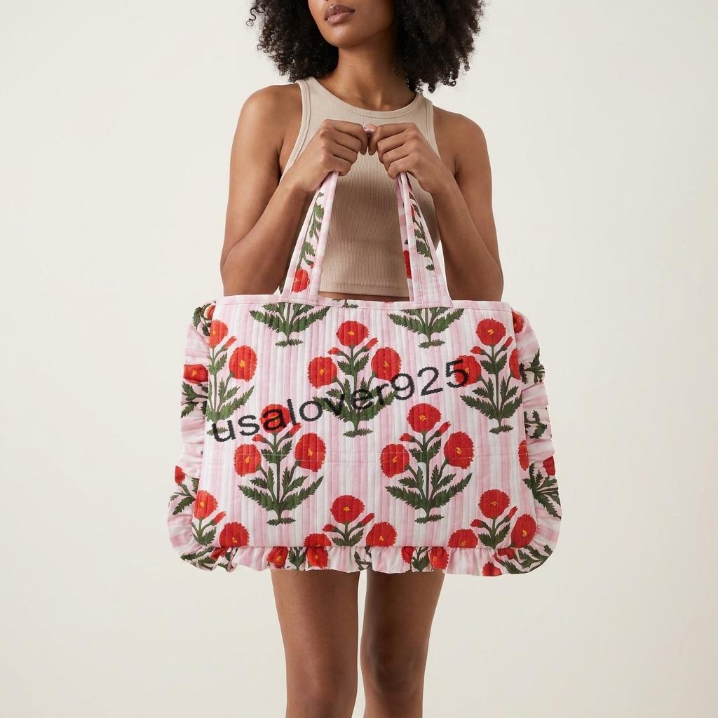 Handblock Printed Cotton Tote Bag – Pink White Stripe Red Floral Ruffle Shoulder Bag