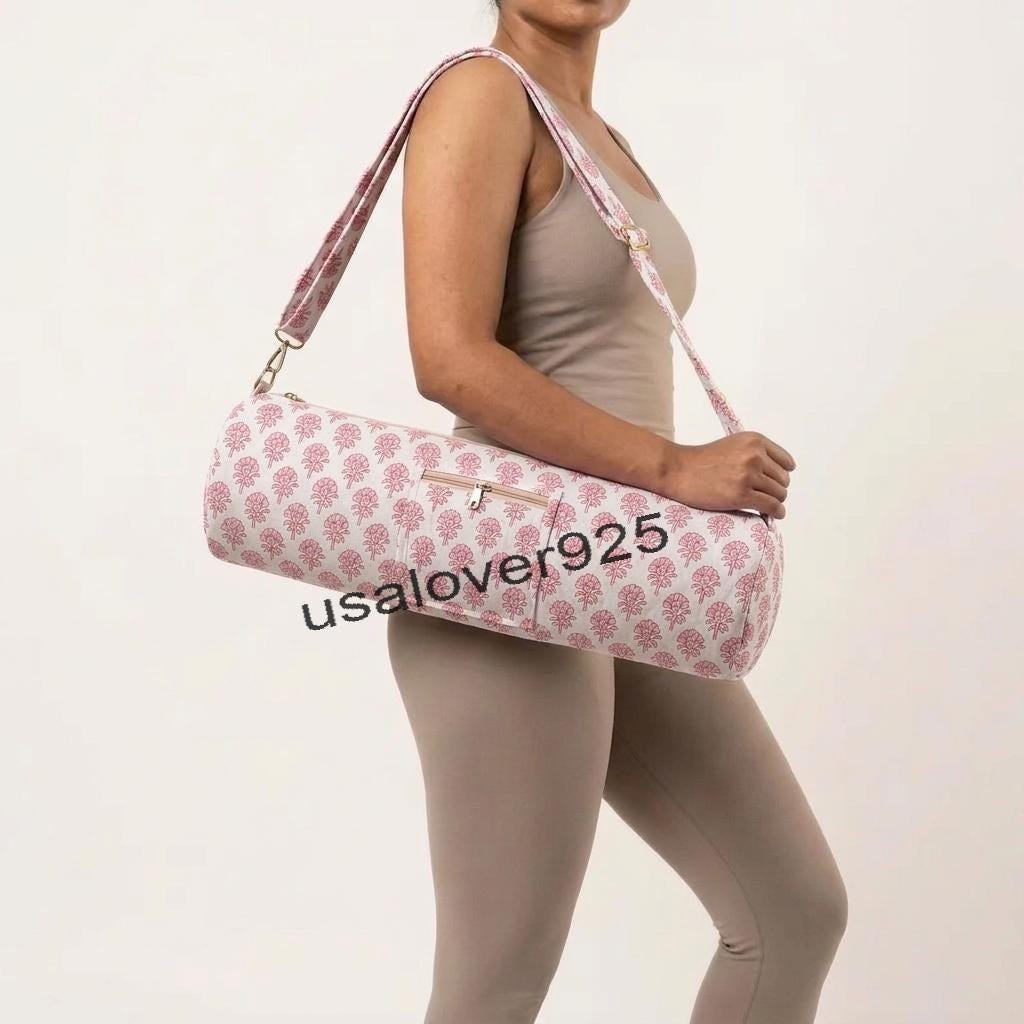 Handmade Quilted Cotton Yoga Mat Bag – Pink Floral Print Travel & Gym Carrier