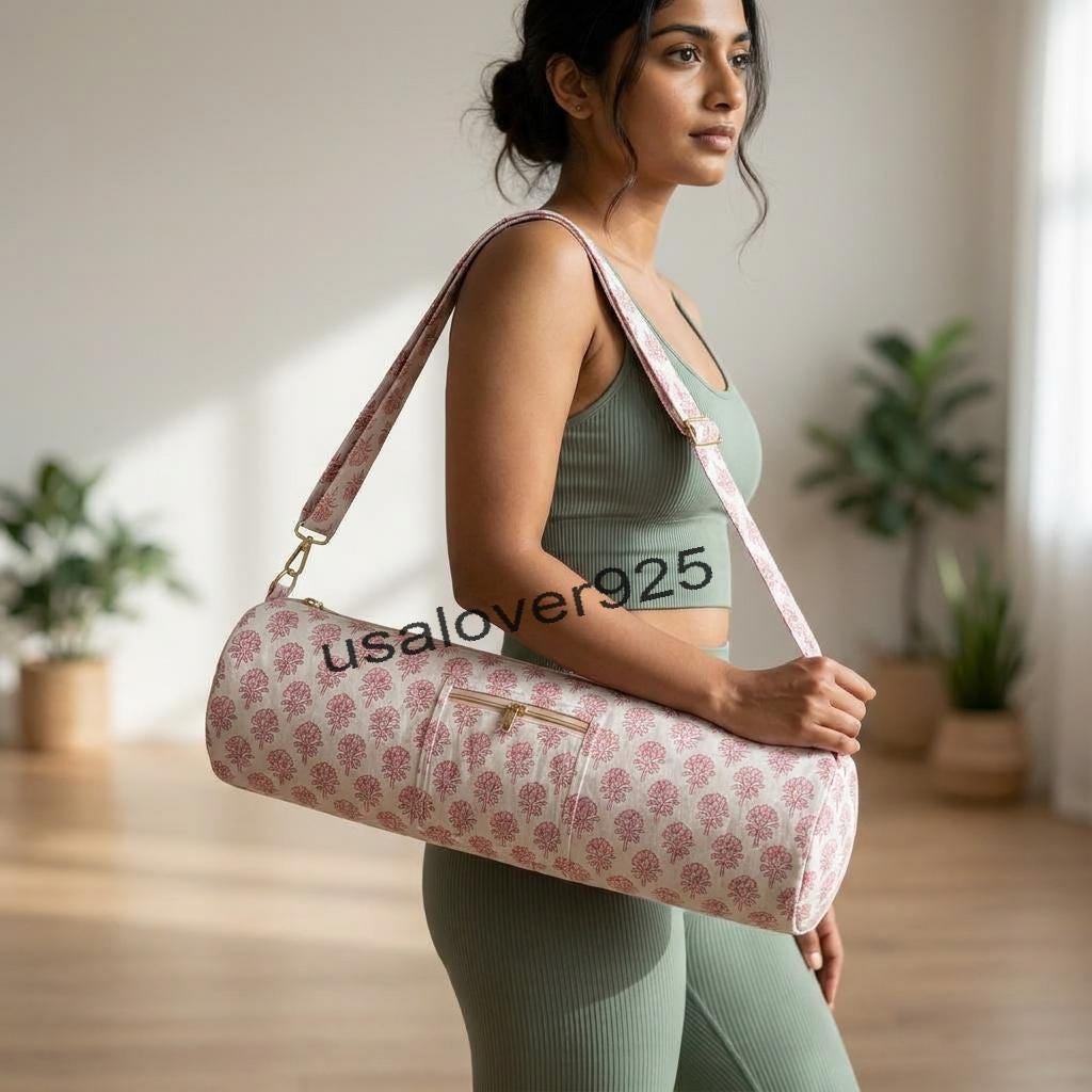 Handmade Quilted Cotton Yoga Mat Bag – Pink Floral Print Travel & Gym Carrier
